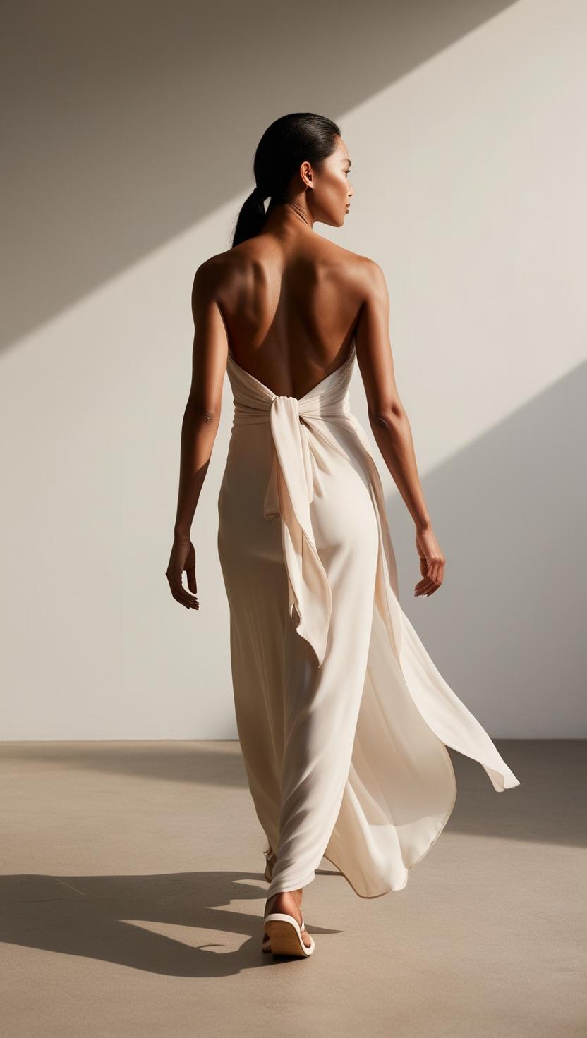 Mujer caminando con vestido elegante beige de espalda descubierta, moda femenina de PODENCO