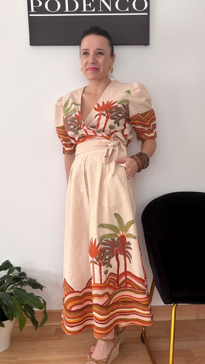 Conjunto tropical Aurora con top cruzado y falda midi