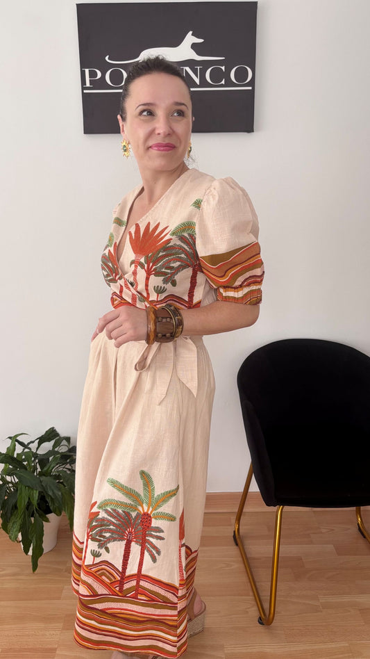 Conjunto tropical Aurora con top cruzado y falda midi