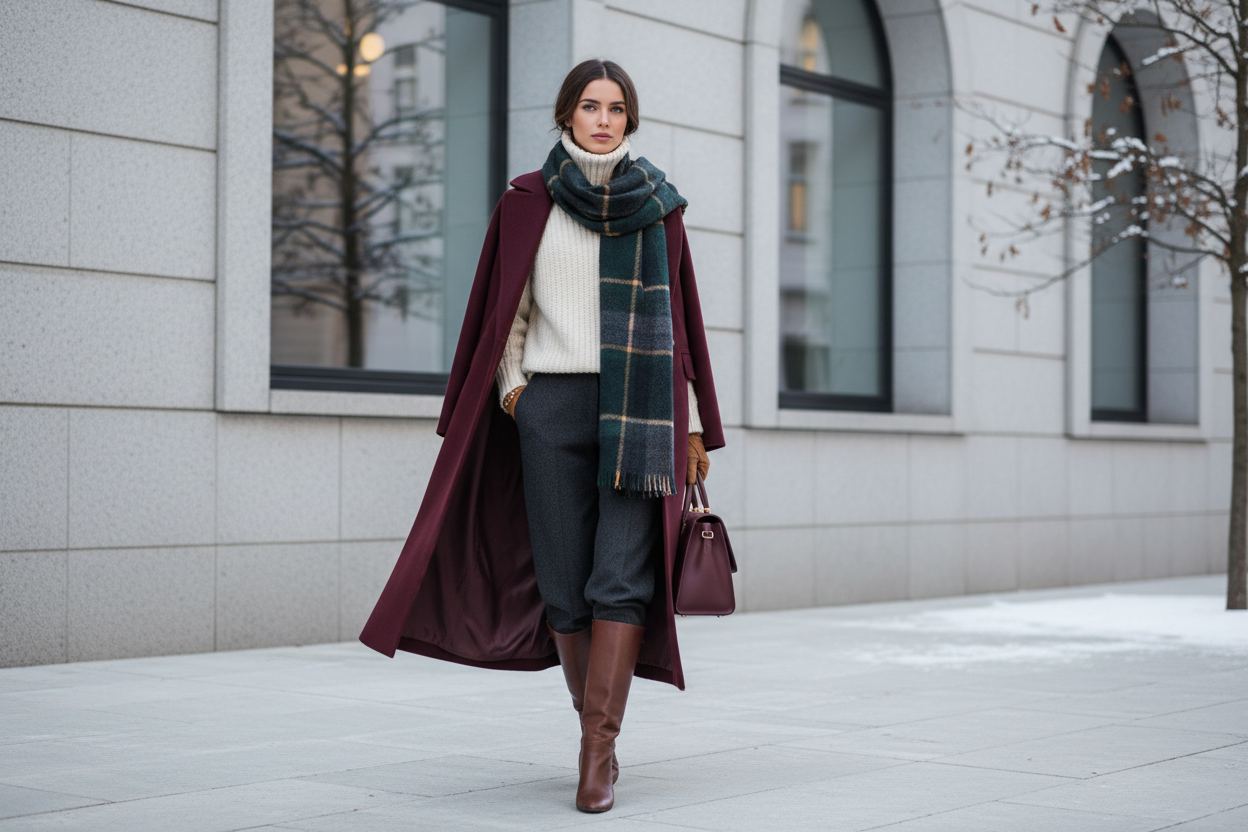 Mujer vestida con moda de invierno, abrigo de color burdeos, jersey de cuello cisne color blanco, pantalón sastre, botas altas de piel color marrón y bufanda grande de punto con cuadros. También lleva guantes de piel y bolso de piel en la mano